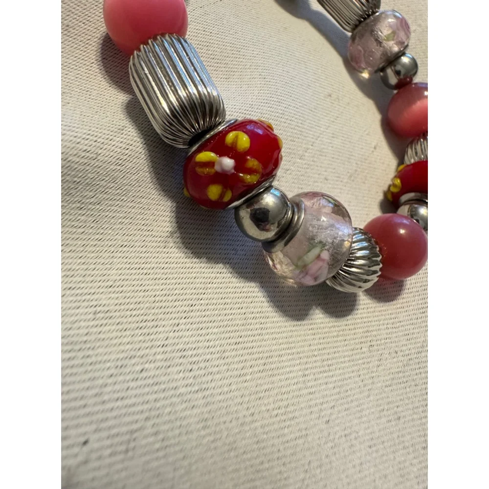Boho Maximalist Bead Stretch Bracelet Pink Red Lampwork Cat's Eye Whimsy Y2K